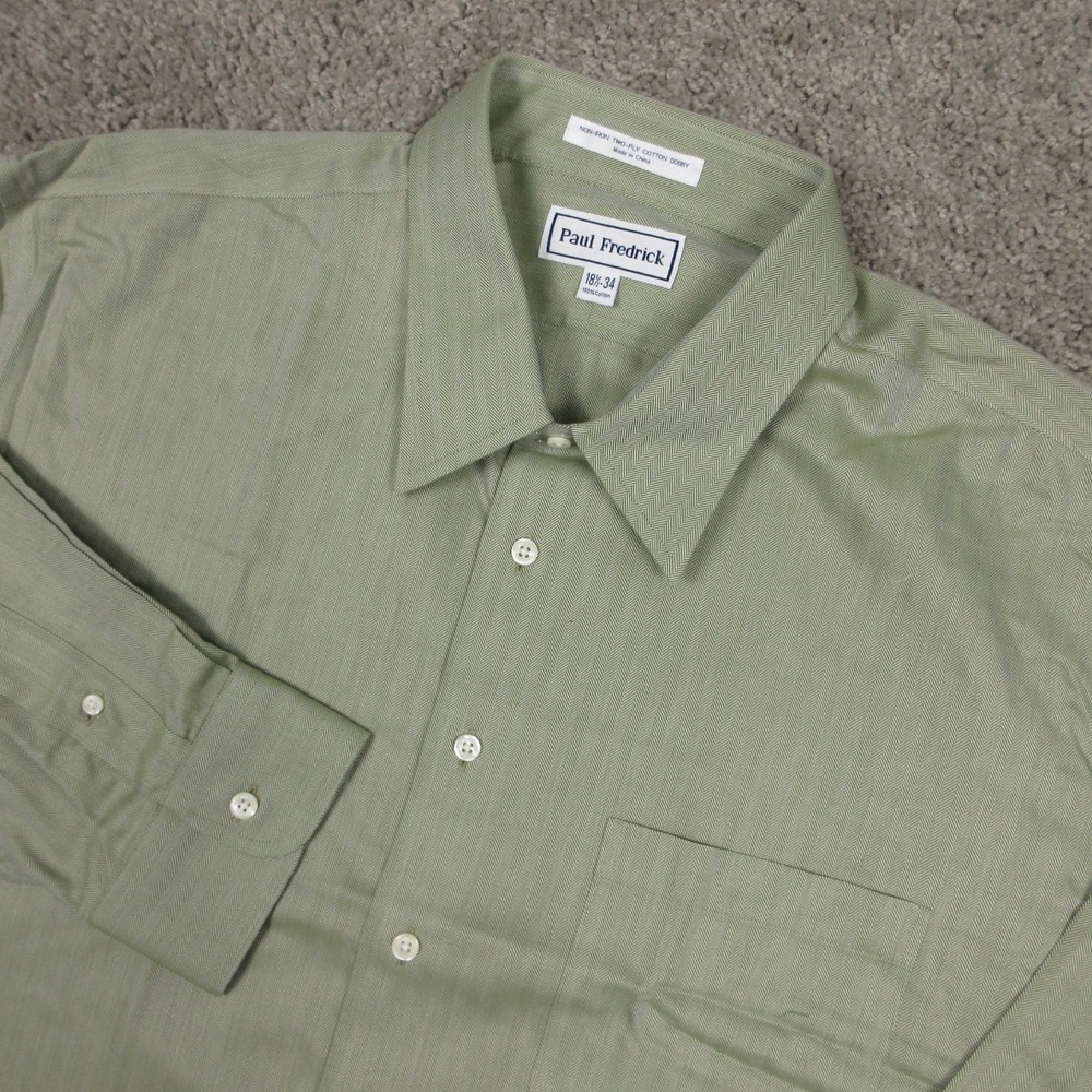 Paul Fredrick Shirt Mens 2XL 18.5 34 Green Solid Herringbone Dress Button Up NEW